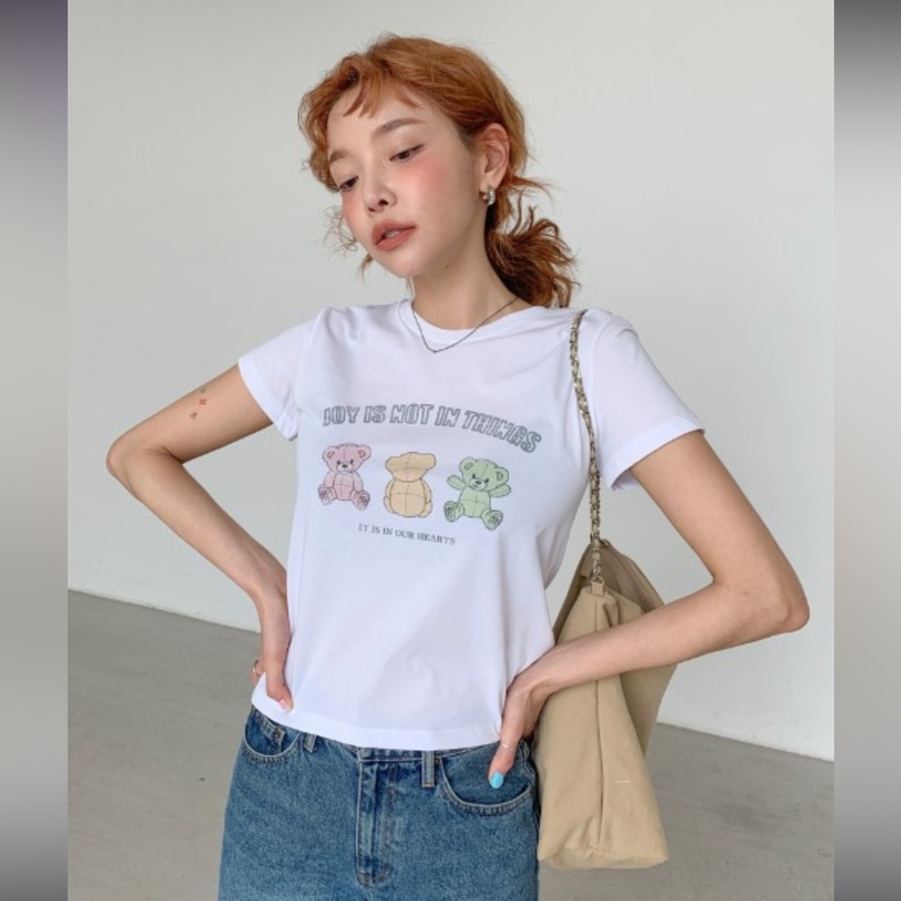 Stylenanda 3ce Korea Teddy Bear Print Cap Sleeve T-Shirt